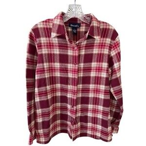 Flannel Shirt Women's Small Plaid Burgundy Cream Button Up Long Sleeve